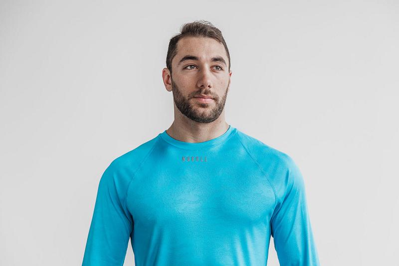 Men's Nobull Lightweight Textured Tee (NEON Camo) Long Sleeve Blue | SG T2538C